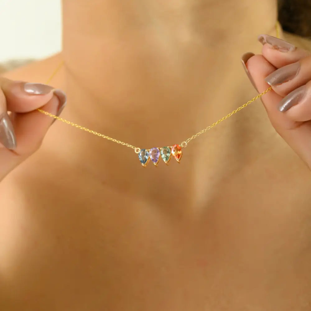 New Design Pear Shape Multi Sapphire Birthstone Pendant Necklace Stacked Jewelry 14K Gold