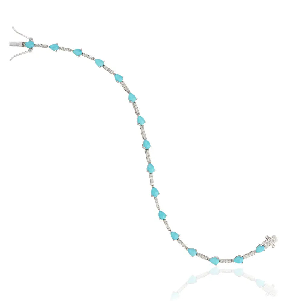 Fine Turquoise & Diamond Sleek Stacking Tennis Bracelet For Unisex 14K White Gold Jewelry