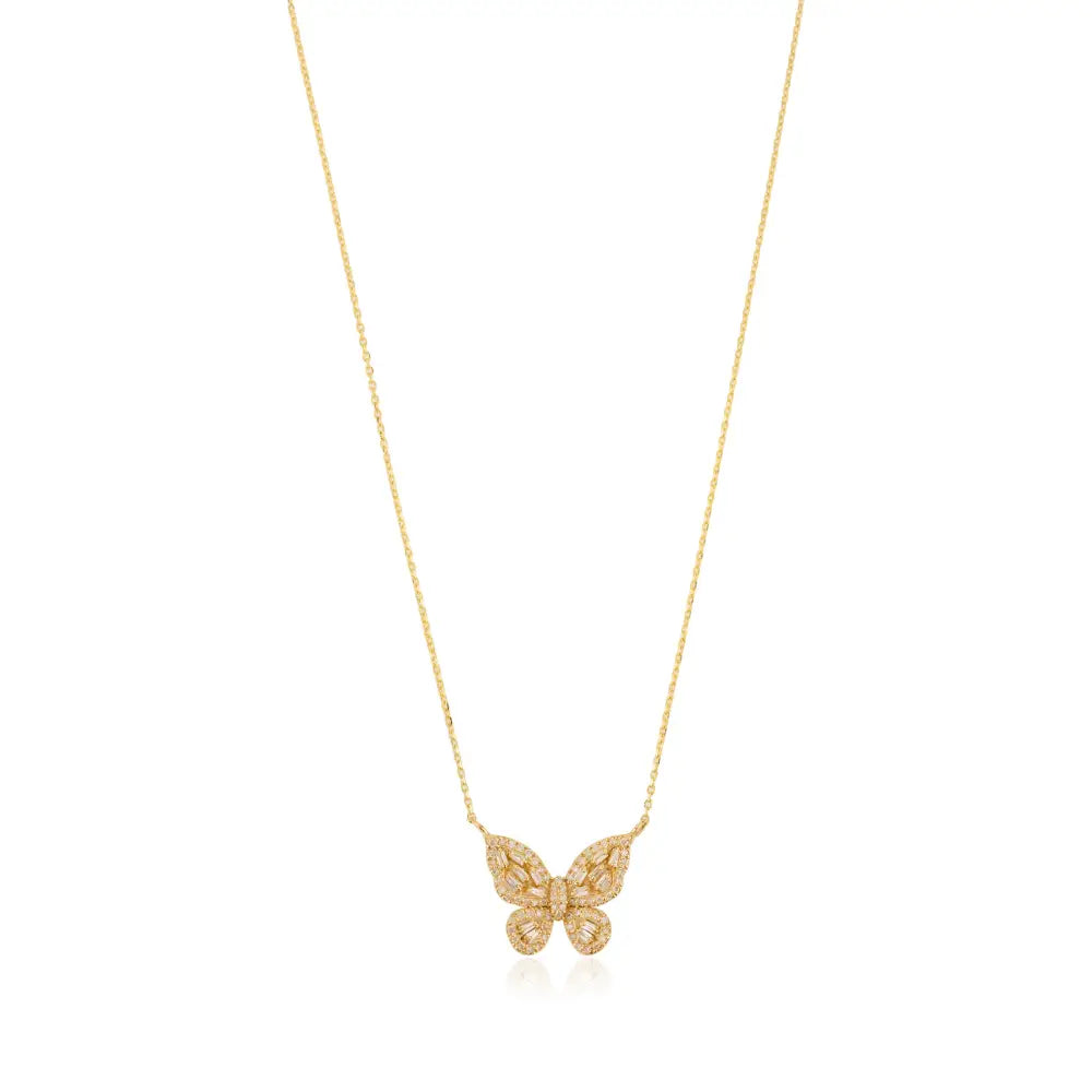 Unique Design Solid K14 Gold Natural Diamond Butterfly Pendant Necklace Handmade Jewelry