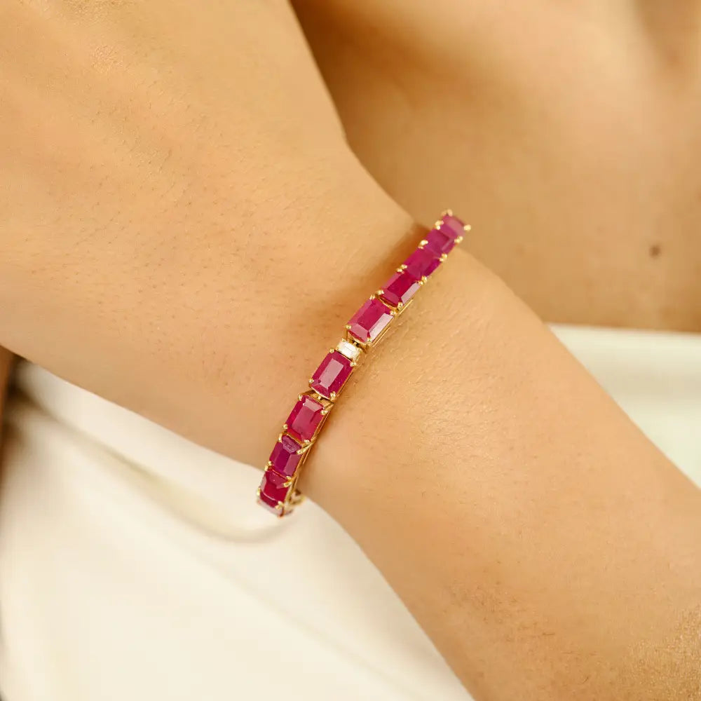 Gorgeous Fine Real Ruby & Diamond Statement Tennis Bracelet Pure 18K Yellow Gold Jewelry