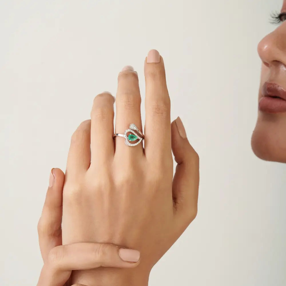 14K White Gold Pear Emerald & Diamond Halo Heart Bypass Ring Unique Design Jewelry