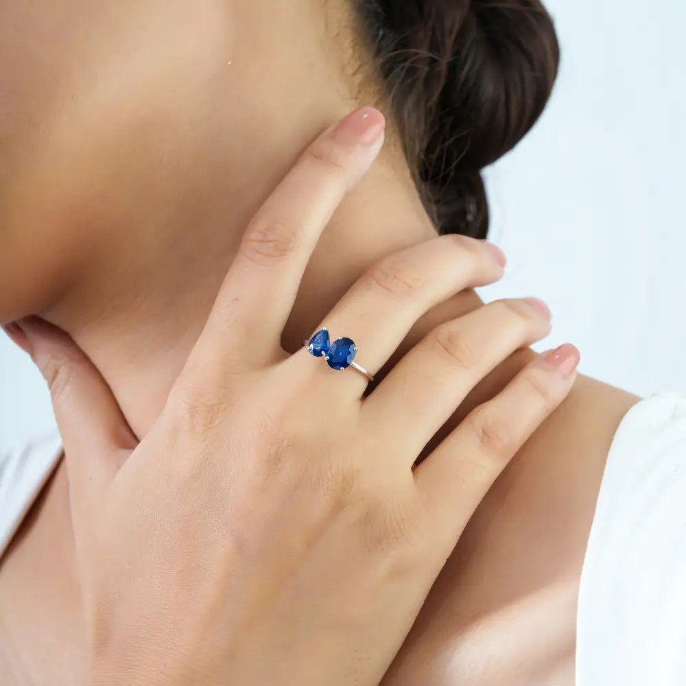 Best Selling Blue Sapphire Gemstone 14K Real White Gold Toi et Moi Ring Custom Jewelry