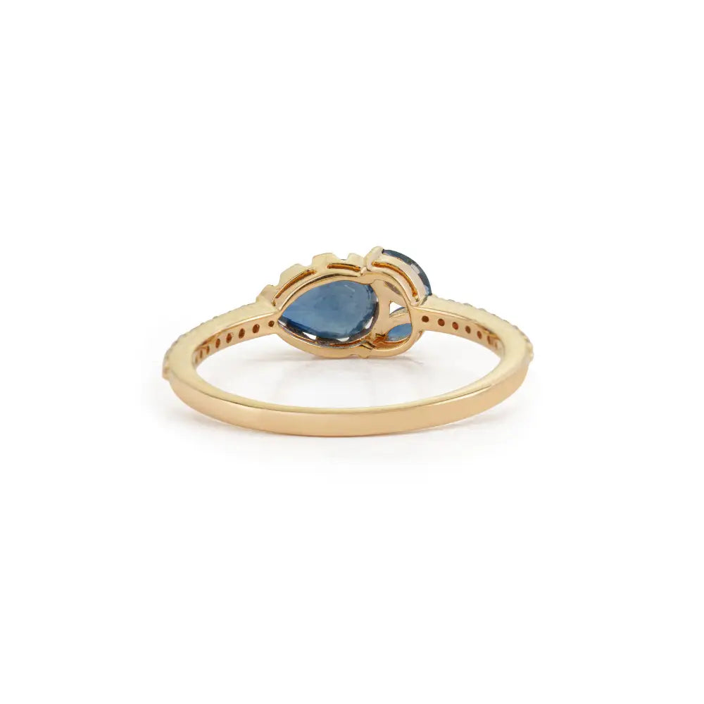 Simple Elegant Blue Sapphire & Diamond Three Stone Stacking Ring Solid 14K Yellow Gold