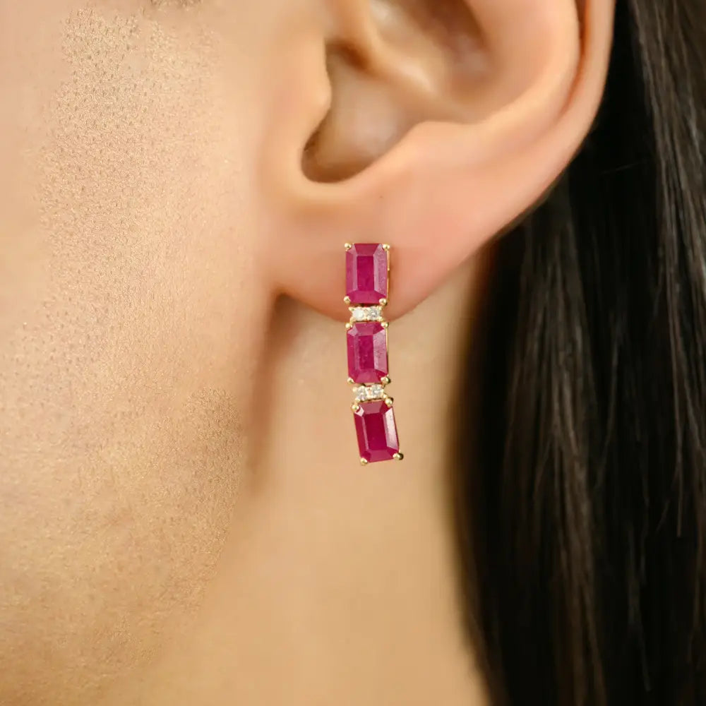 100% Authentic Ruby & Diamond 14K Yellow Gold Dangle Earrings Wedding Jewelry For Women