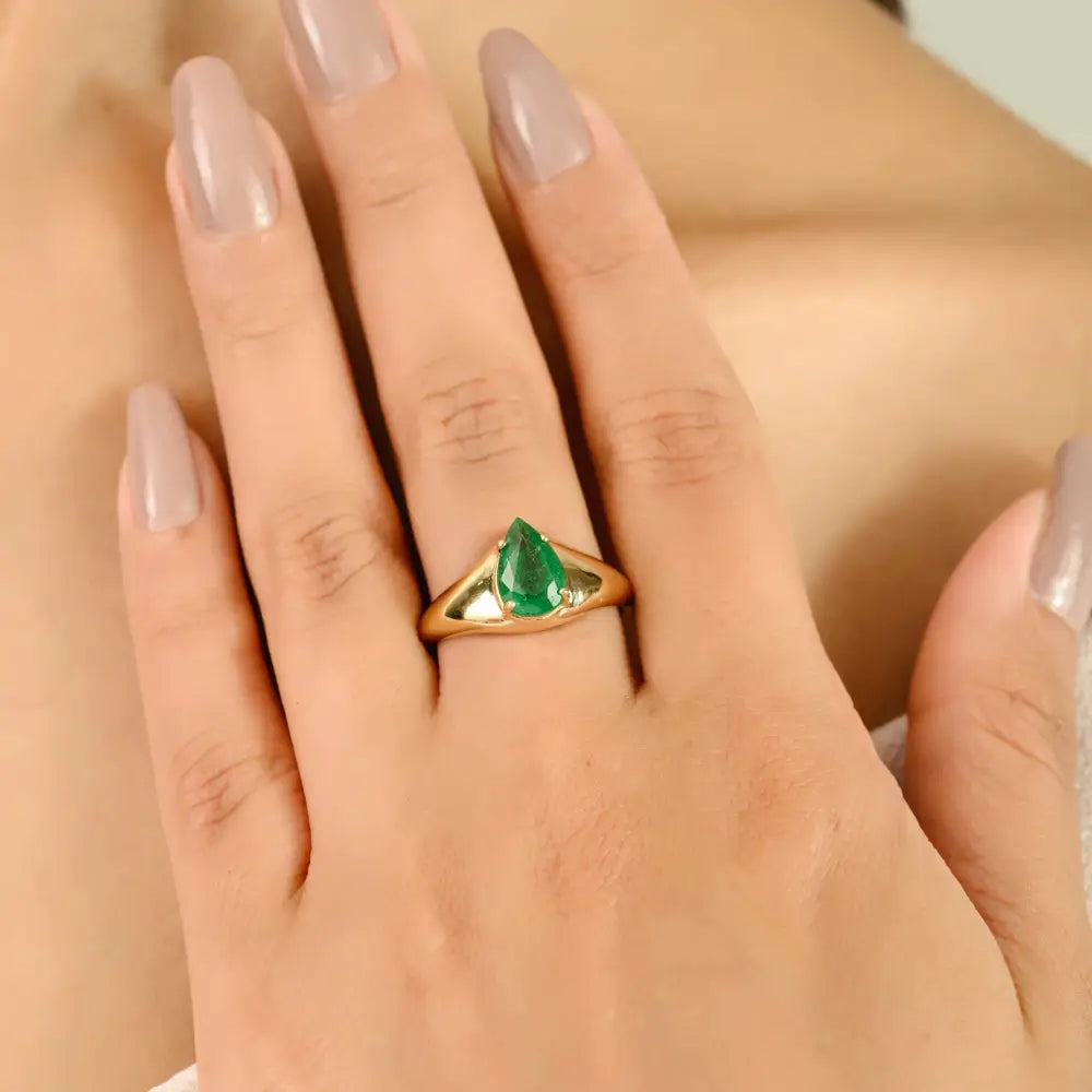 Pure K14 Yellow Gold New Trendy Zambian Emerald Dome Signet Ring Handmade Jewelry