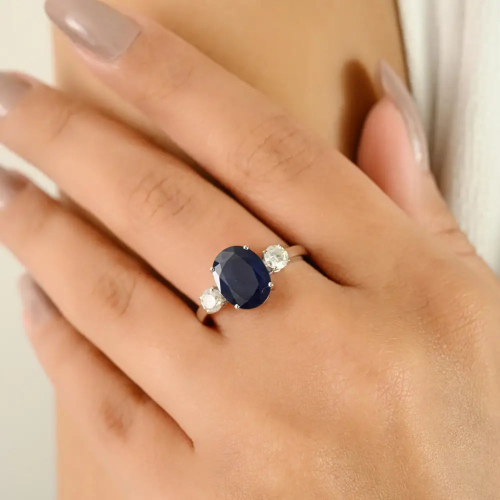 Pure 14K White Gold Blue Sapphire & Diamond Prong Setting Three Stone Ring Wedding Jewelry