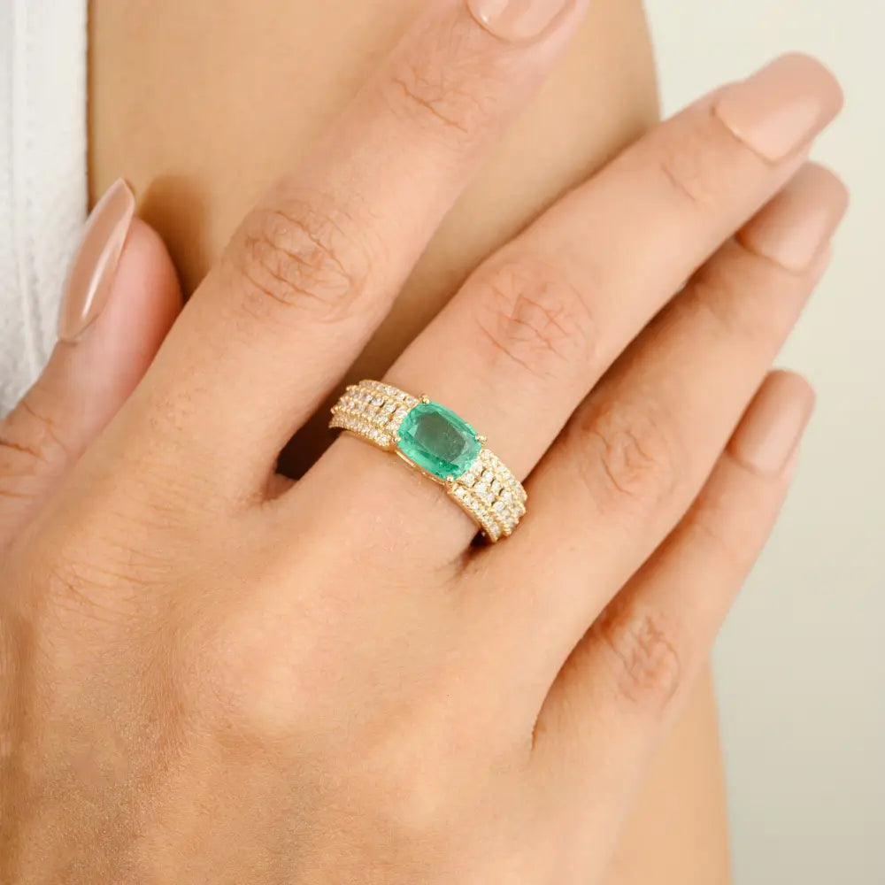 Exclusive Handmade Genuine Emerald & Diamond Engagement Ring For Women Fine Jewelry