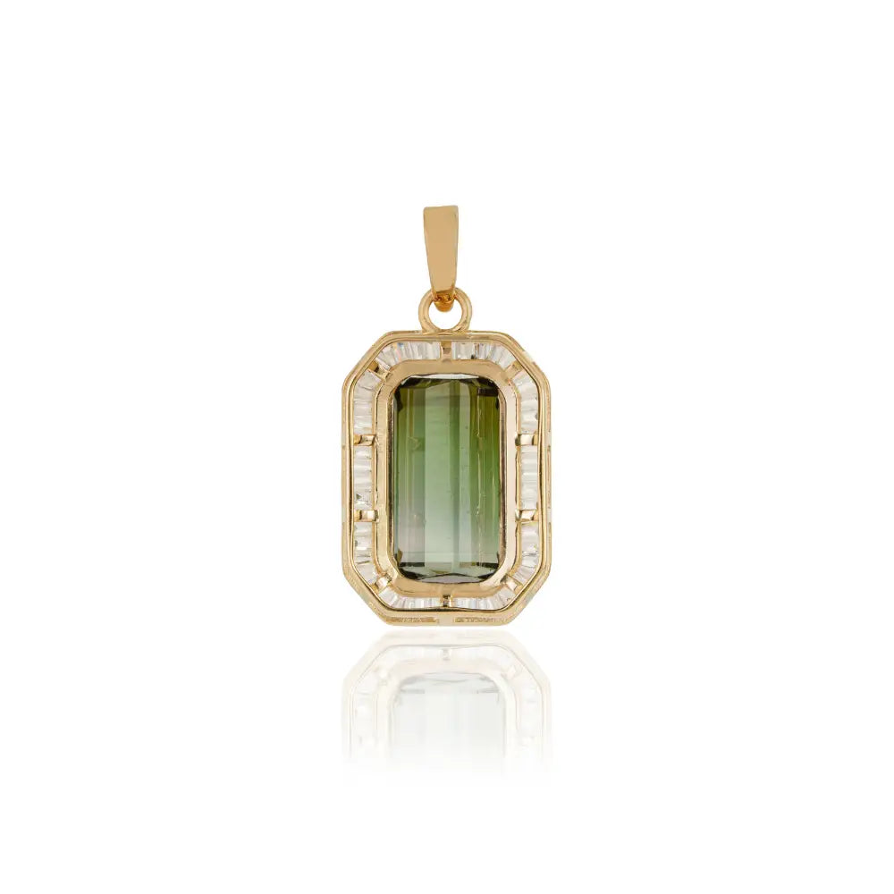 13x7mm Baguette Cut Green Tourmaline & Diamond 14K Yellow Gold Halo Pendant Fine Jewelry