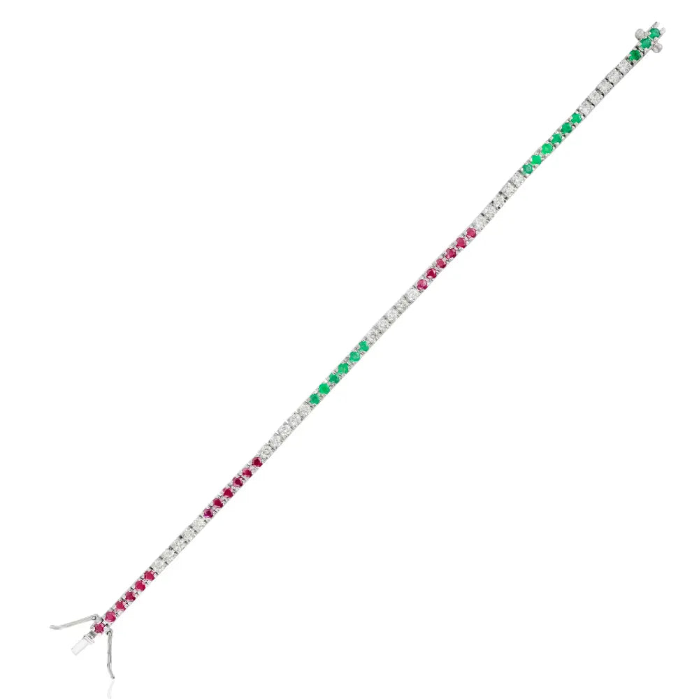 Genuine Emerald Ruby & Diamond Solid 18k White Gold Sleek Tennis Bracelet Fine Jewelry
