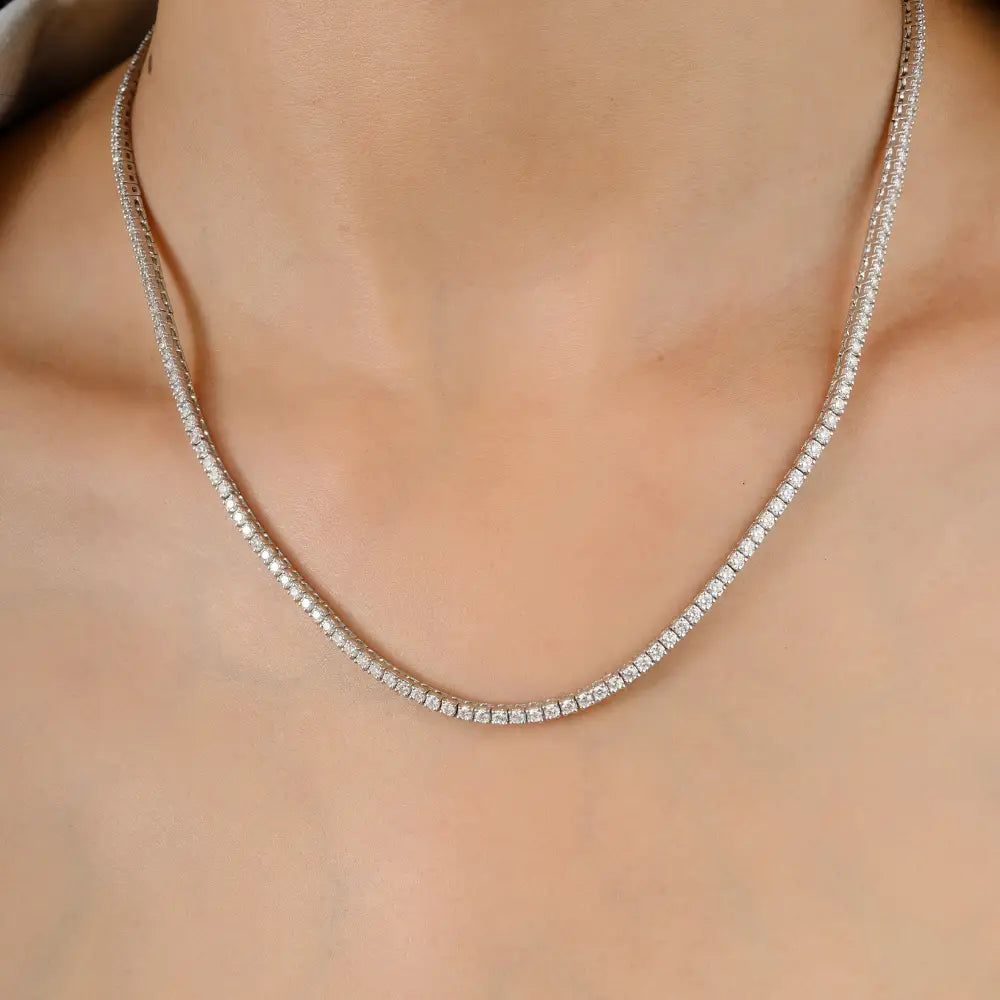 Round Brilliant Cut Diamond Handmade Tennis Necklace Solid 14K White Gold Pave Setting