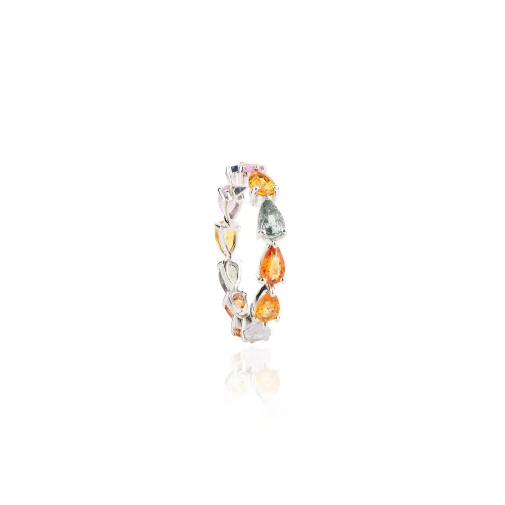 100% Natural Pear Shape Multi Gemstone 18K White Gold Unique Ring