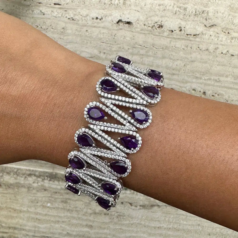 Genuine Amethyst & American Diamond Sterling Silver Bold Wedding Bracelet Febuary Birthstone Jewelry
