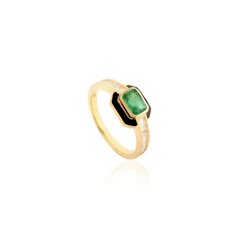 18K Yellow Gold Emerald & Diamond Statement Enamel Ring Precious Gemstone Jewelry