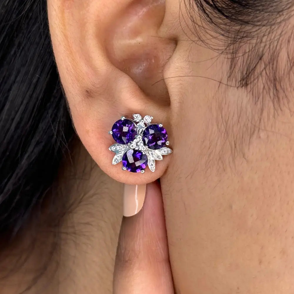 Febuary Birthstone Real Amethyst & American Diamond Minimal Stud Earrings For Daily Wear