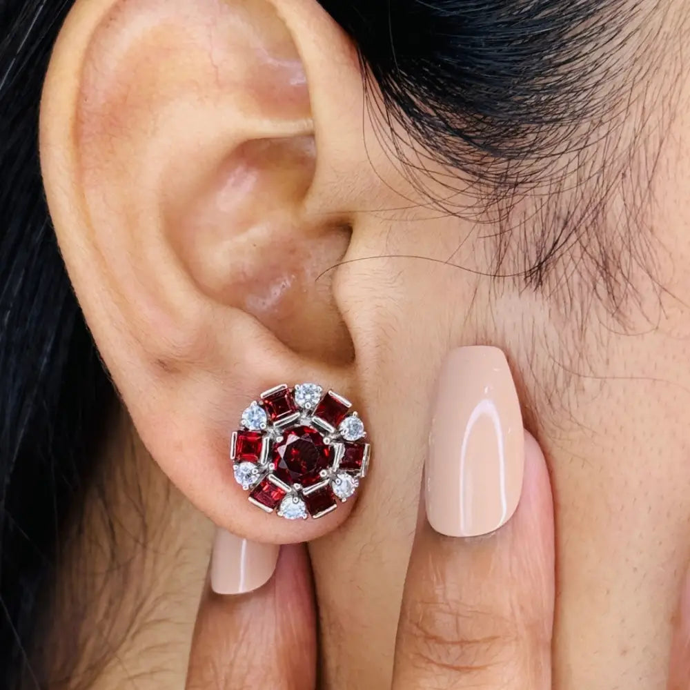 Handmade Genuine Garnet & American Diamond Minimal Round Stud Earrings Anniversary Gift