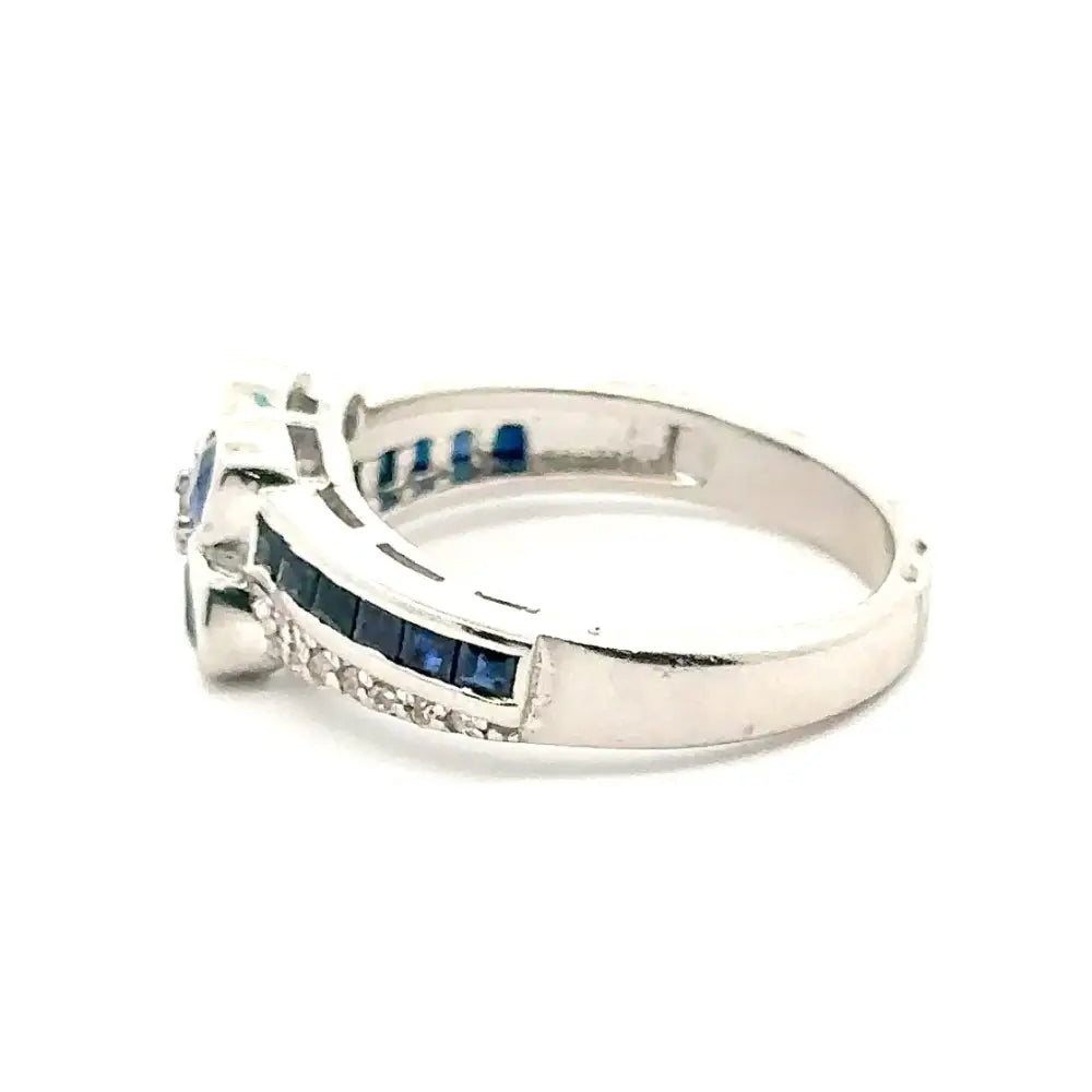 Blue Sapphire & American Diamond Two Row Flower Ring Set In 925 Sterling Silver Customized Jewelry