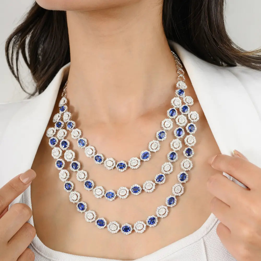 Blue Kyanite & Diamond Triple Layer Necklace Solid White Gold Bridal Engagement Jewelry