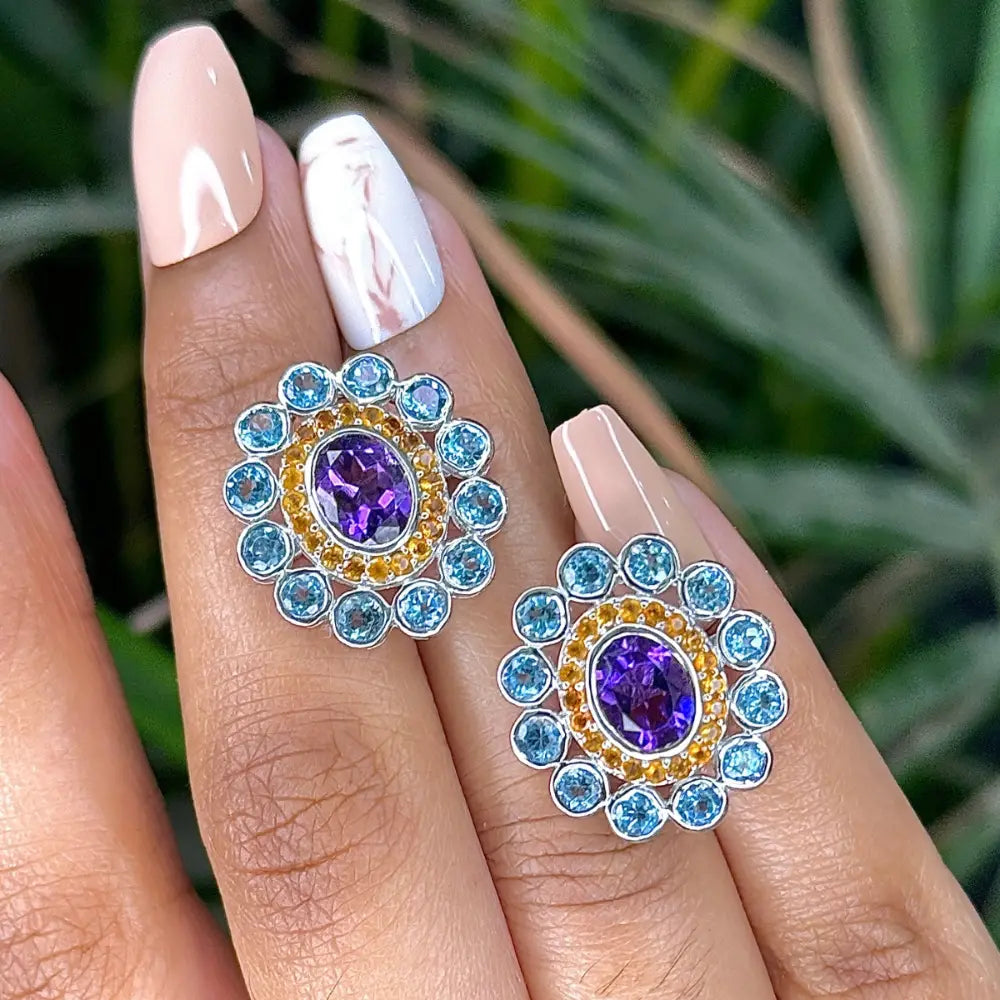 Handmade Multi Gemstone Round Statement Stud Earrings For Weddings Rhodium Plated Jewelry