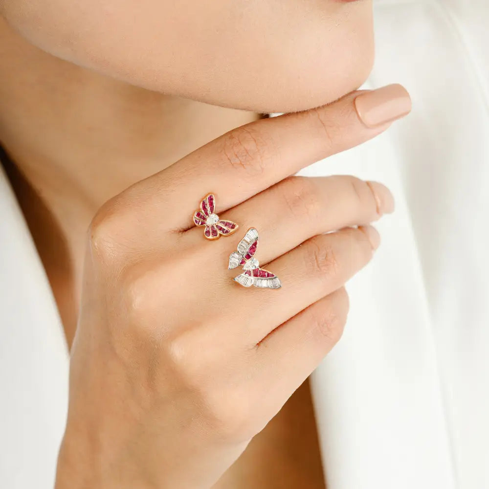 Unique Latest Design Ruby & Diamond 18K Rose Gold Twin Butterfly Open Ring For Party