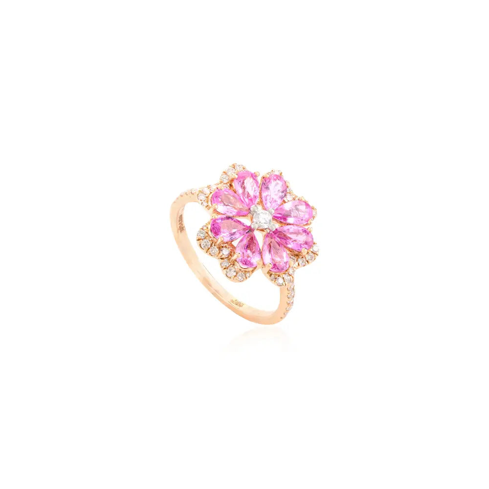 Vibrant Pink Sapphire & Diamond Flower Cocktail Ring K18 Rose Gold Trending Jewelry