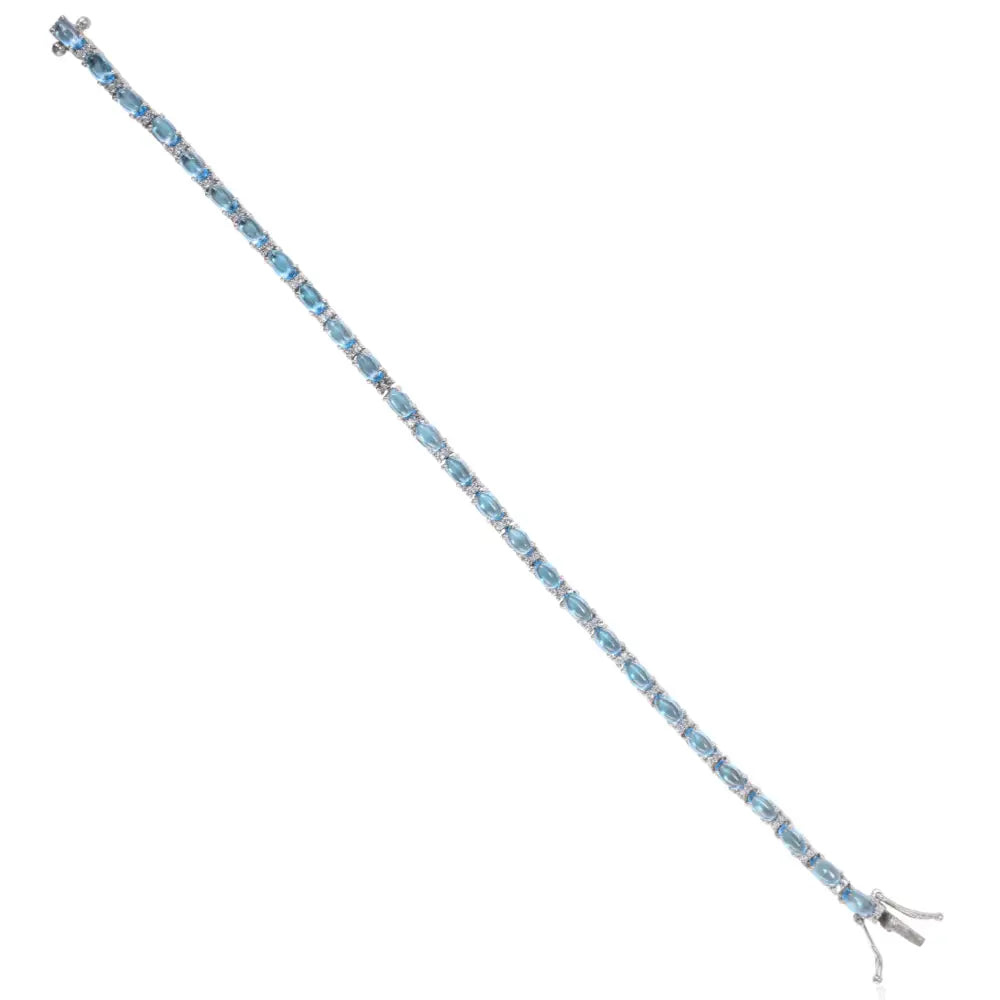 Oval Shape Blue Topaz & Round Cut American Diamond Stackable Tennis Bracelet Set In Solid 925 Silver