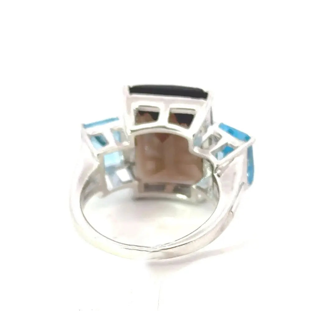 Authentic Smoky Quartz & Blue Topaz Solid Silver Three Stone Ring For Unisex Fine Wholesale Jewelry