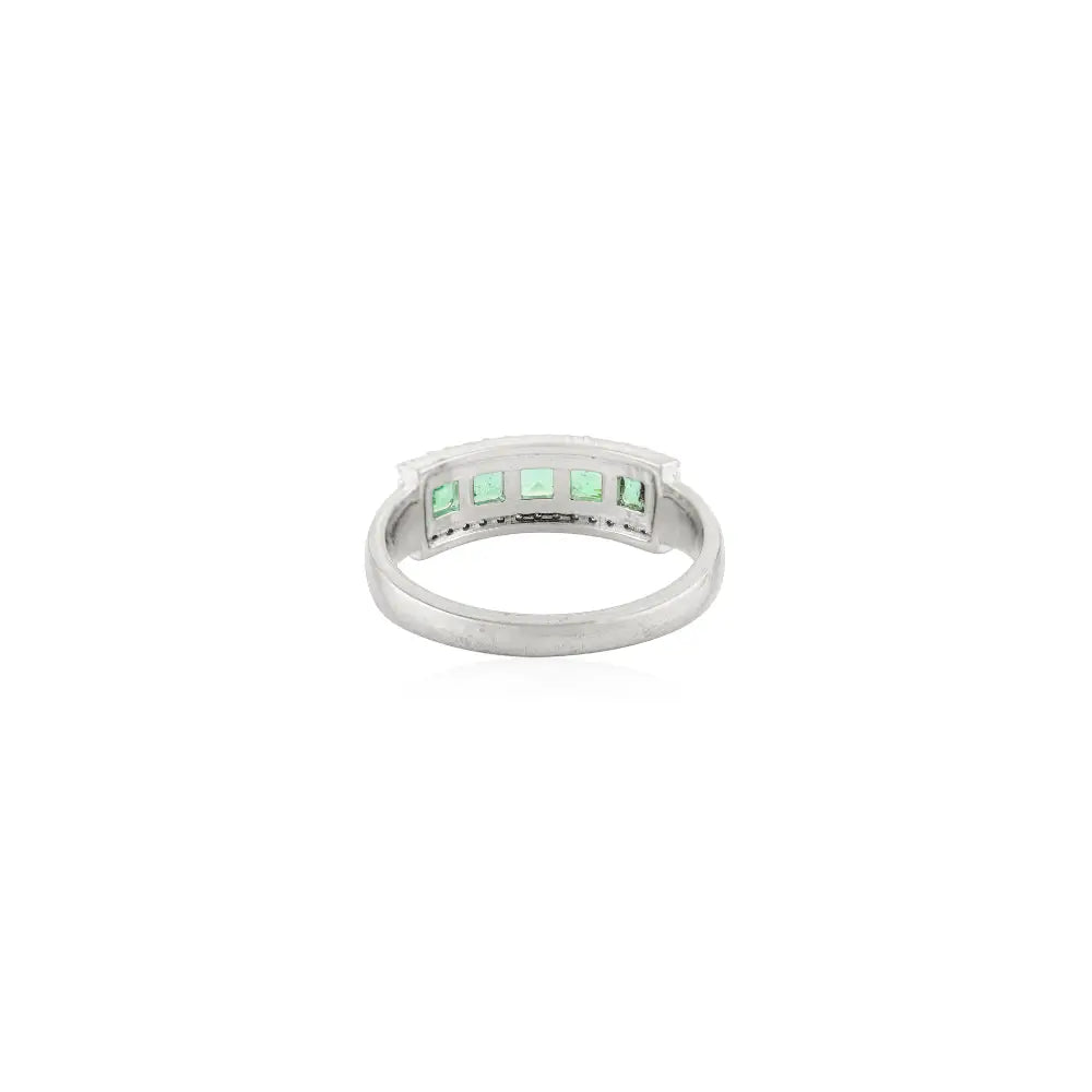 Natural Emerald & Diamond Five Stone Ring In 14K Solid White Gold Engagement Jewelry