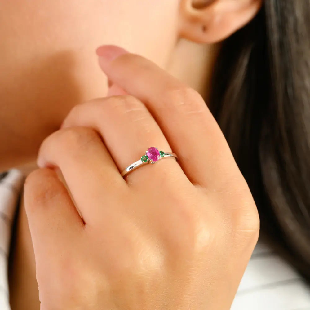 Dainty Minimalist Emerald & Ruby Real K14 White Gold Three Stone Ring Everyday Jewelry