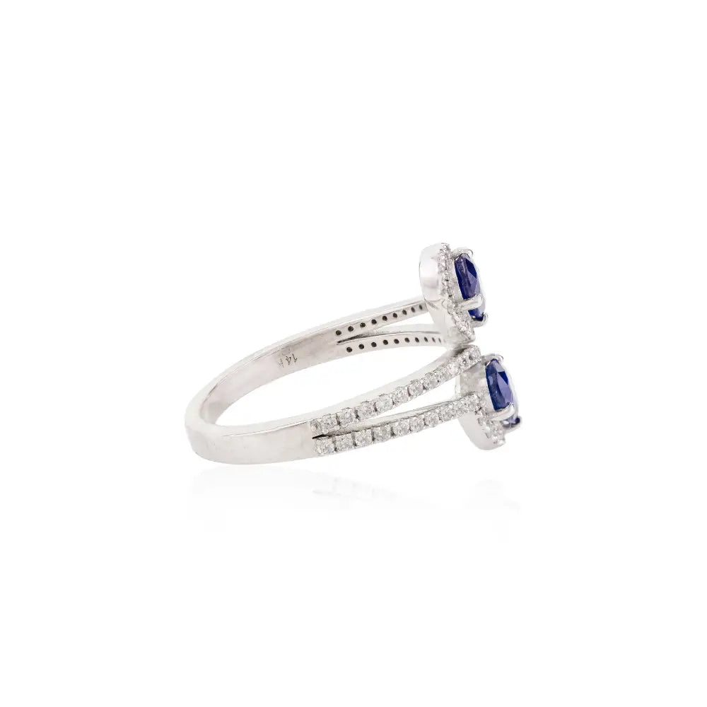 14K Solid White Gold Blue Sapphire & Diamond Double Stone Bypass Ring Handmade Fine Jewelry