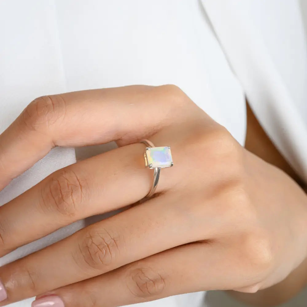 Solid 14K White Gold Octagon Cut Opal Single Stone Ring For Unisex October Birthstone