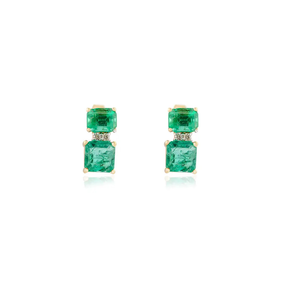 Real 18K Yellow Gold Emerald & Diamond Two Stone Stud Earrings For Women Daily Wear