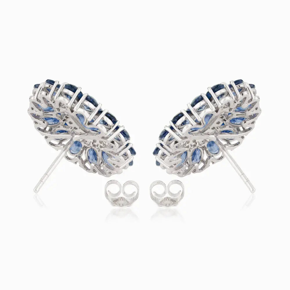 Blue Sapphire & Diamond Halo Flower Shape Stud Earrings For Wedding 14K Real White Gold