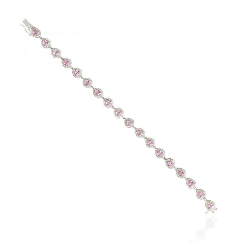 Pear Shape Pink Sapphire & Round Cut Diamond Halo Tennis Bracelet 14K White Gold Jewelry