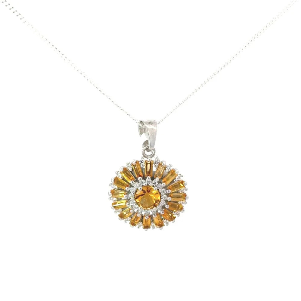 925 Sterling Silver November Birthstone Citrine & American Diamond Flower Pendant