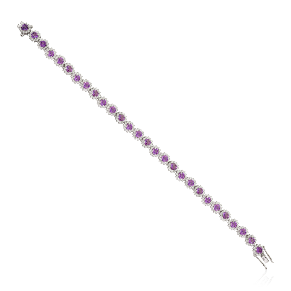 February Birthstone Handmade Real Amethyst & American Diamond Round Flower Bracelet For Women