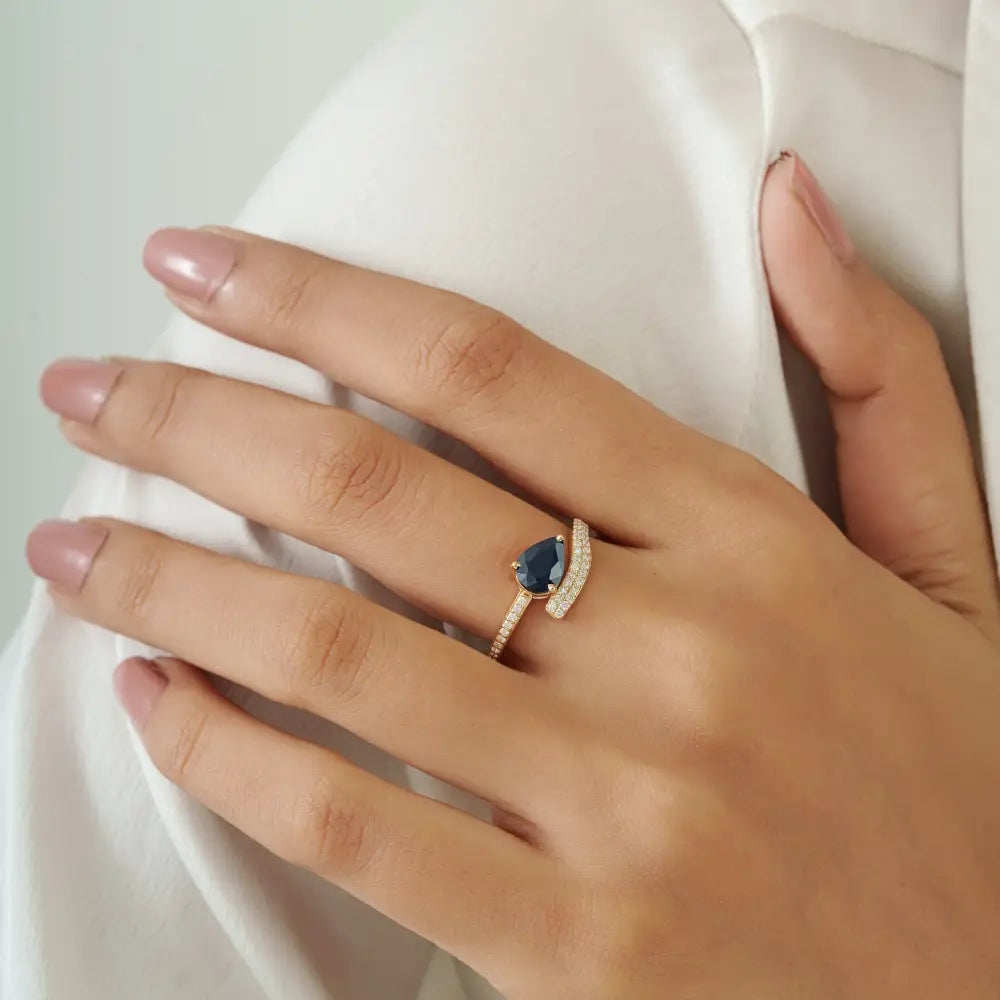 14K Solid Yellow Gold Blue Sapphire & Diamond Statement Ring September Birthstone Jewelry