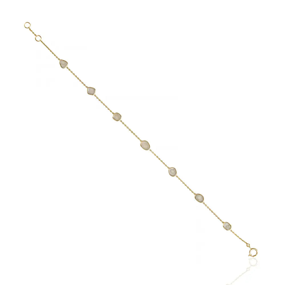 Bezel Set Natural Polki Diamond Minimalist Station Chain Bracelet Light Weigth Jewelry 14K Yellow Gold