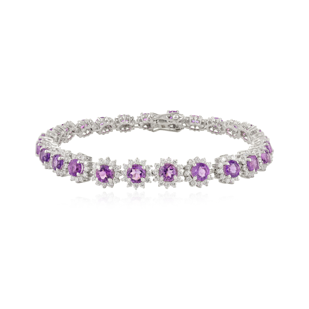 February Birthstone Handmade Real Amethyst & American Diamond Round Flower Bracelet For Women