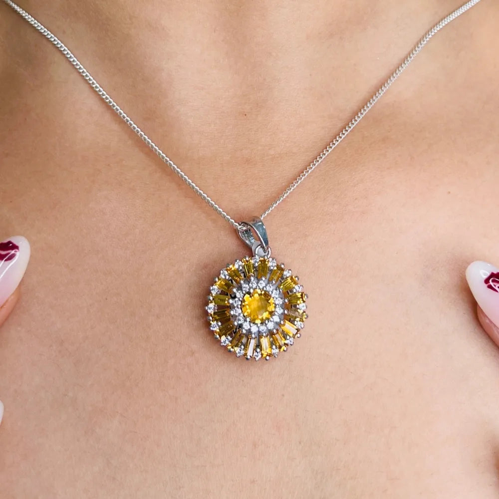 925 Sterling Silver November Birthstone Citrine & American Diamond Flower Pendant