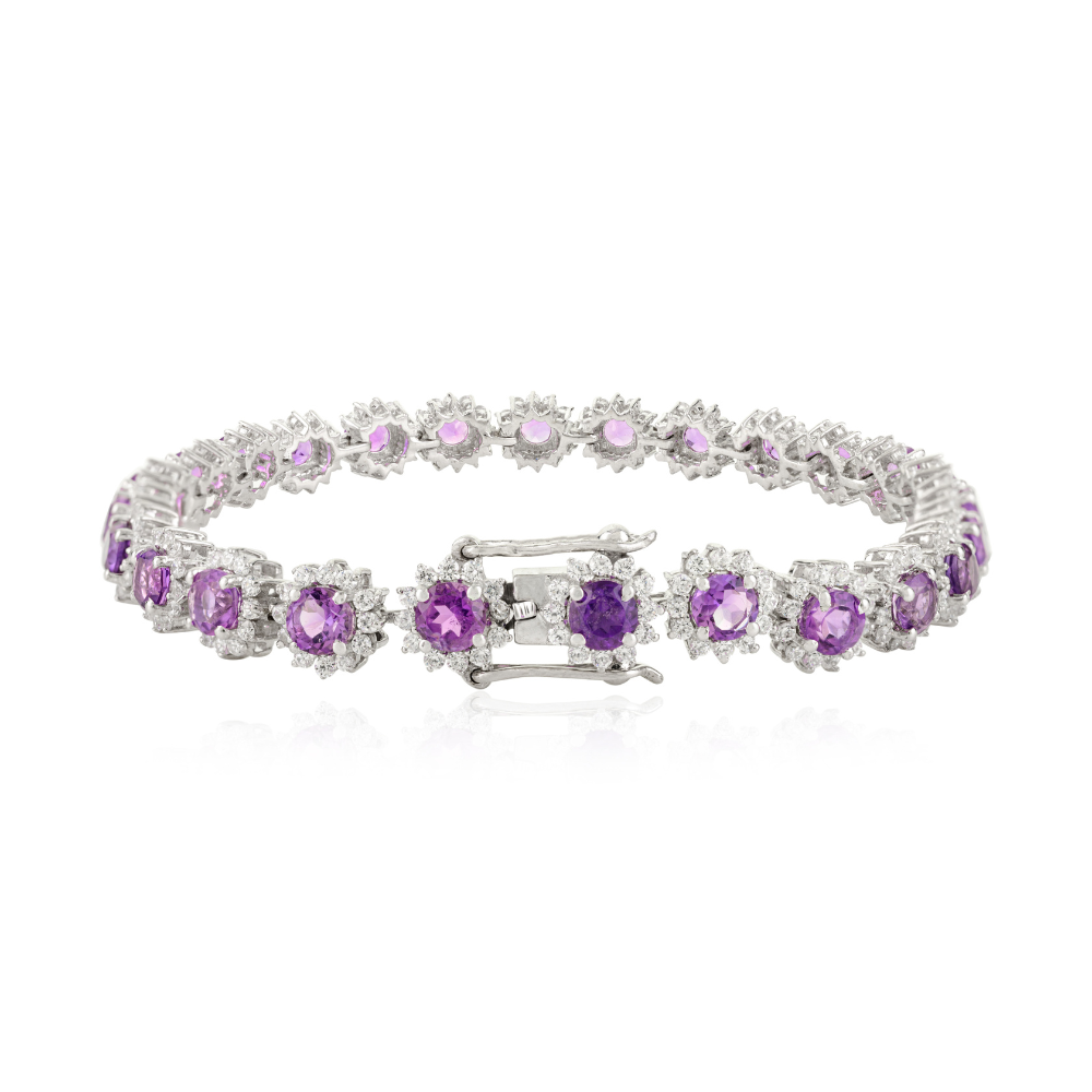 February Birthstone Handmade Real Amethyst & American Diamond Round Flower Bracelet For Women