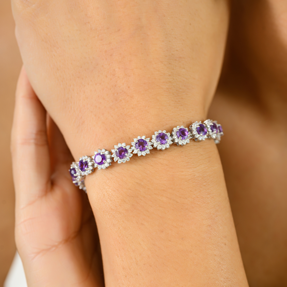 February Birthstone Handmade Real Amethyst & American Diamond Round Flower Bracelet For Women