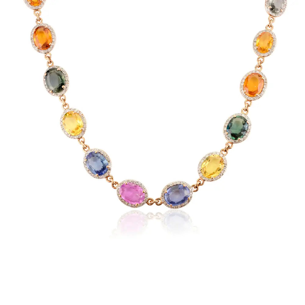 Multi Sapphire & Diamond Halo Station Chain Necklace 18K Rose Gold Women's Jewelry