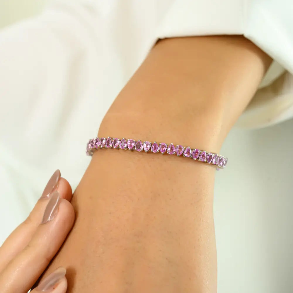 Real 14K Gold Genuine Pink Sapphire Stackable Tennis Bracelet Unisex Wedding Jewelry