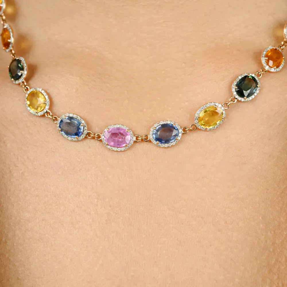 Multi Sapphire & Diamond Halo Station Chain Necklace 18K Rose Gold Women's Jewelry