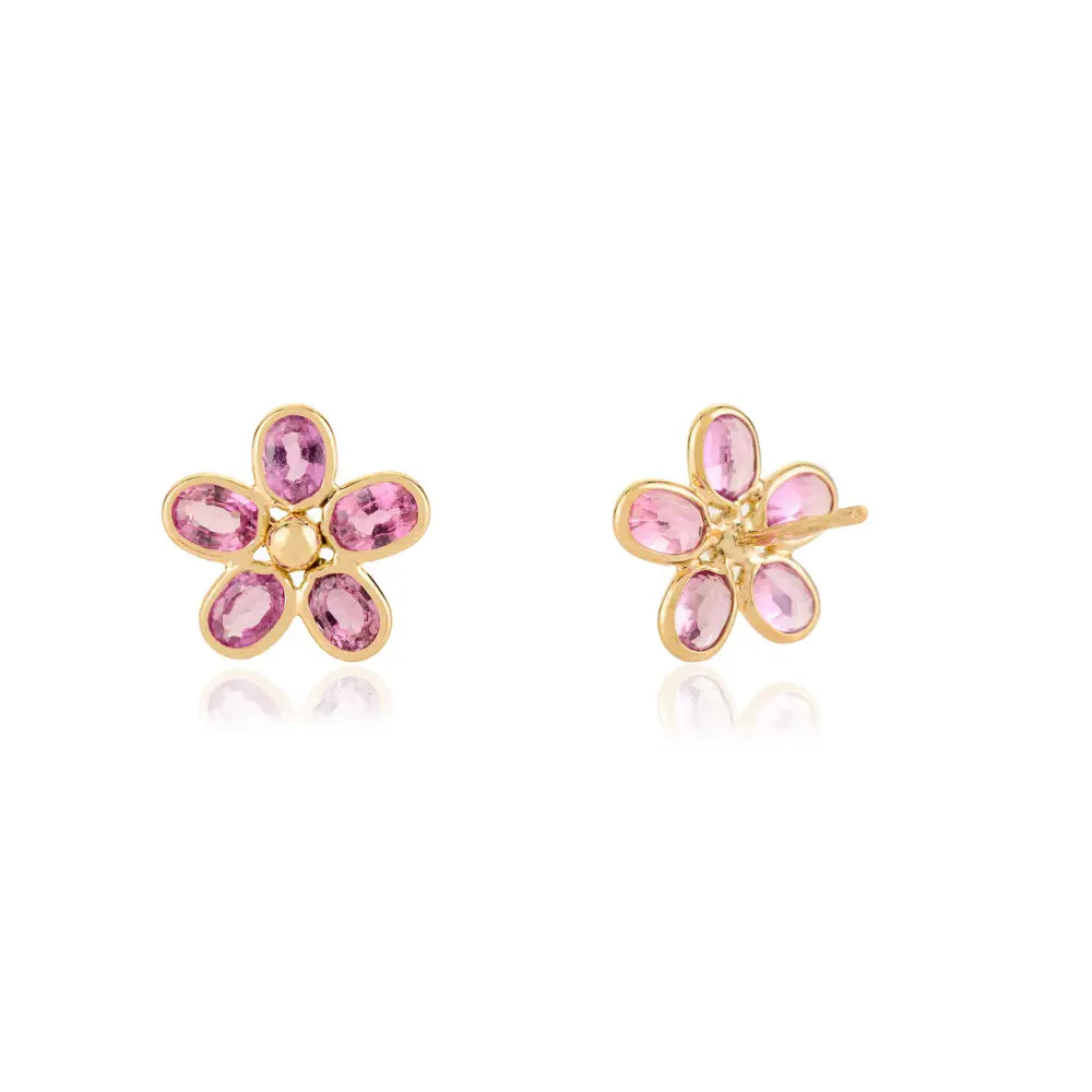 Simple Design Bezel Set Pink Sapphire Floral Stud Earrings For Girls Real K14 Yellow Gold Jewelry
