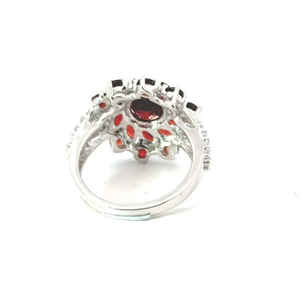 Anniversary Gift Natural Garnet & American Diamond Cocktail Ring Set In 925 Solid Silver