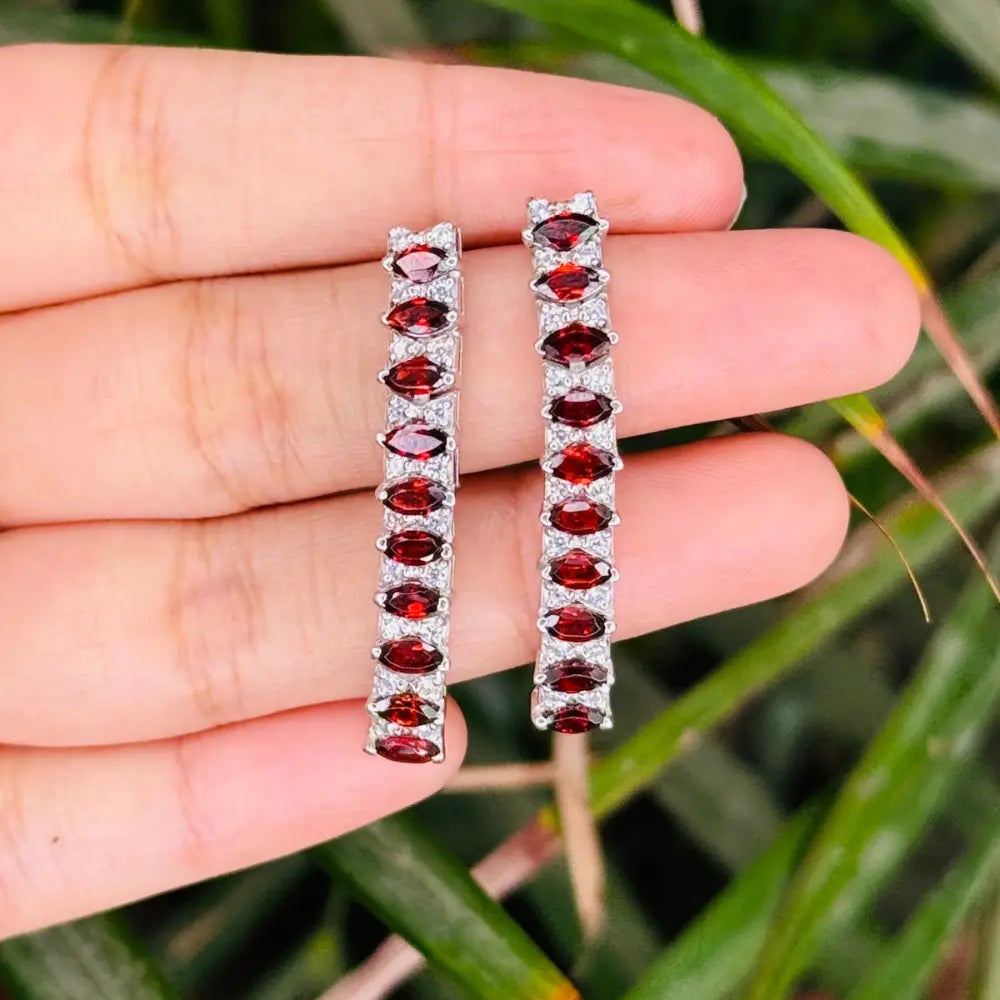 Anniversary Gift 925 Sterling Silver Garnet & American Diamond Straight Dangle Earrings