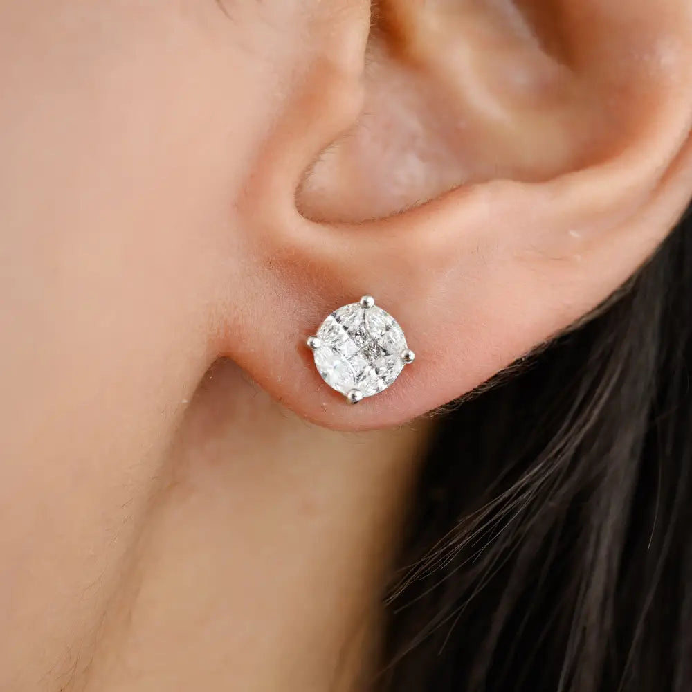 Marquise & Princess Cut Natural Diamond Solid 18K White Gold Round Stud Earrings For Women