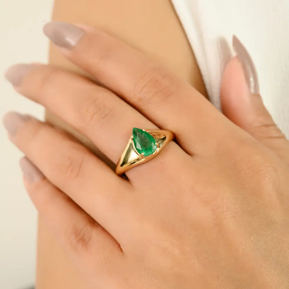 Pure K14 Yellow Gold New Trendy Zambian Emerald Dome Signet Ring Handmade Jewelry