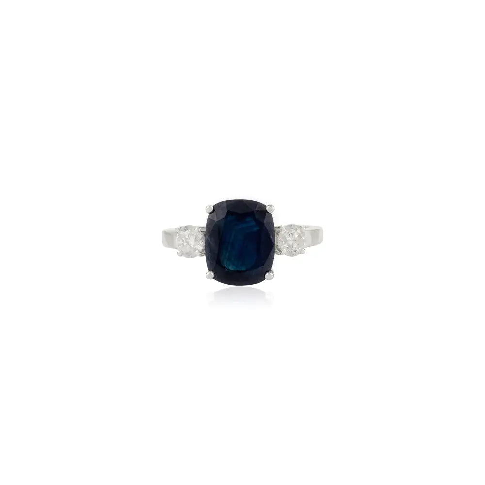 Prong Setting Blue Sapphire & Diamond 14K Solid White Gold Statement Three Stone Ring Unisex